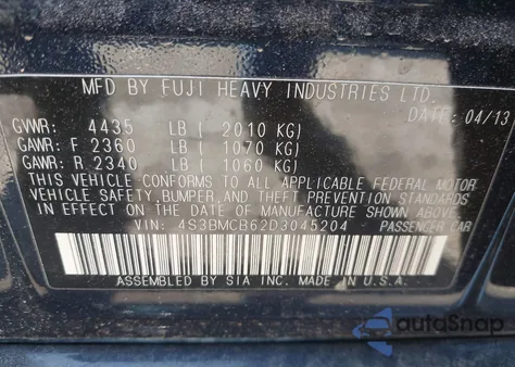 2013 Subaru Legacy 2.5I Premium from USA, damaged, VIN 4S3BMCB62D3045204